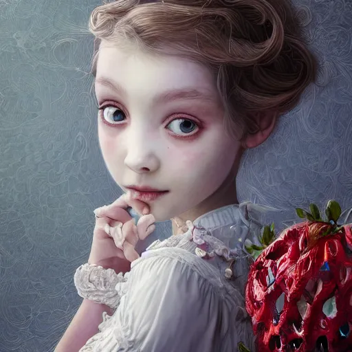 Image similar to the portrait of the absurdly beautiful, graceful, elegant, sophisticated, fashionable little girl made of strawberries and white petals looking down, an ultrafine hyperdetailed illustration by kim jung gi, irakli nadar, intricate linework, bright colors, octopath traveler, final fantasy, unreal engine 5 highly rendered, global illumination, radiant light, detailed and intricate environment