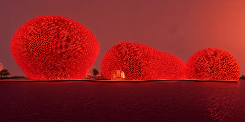 Prompt: An epic architectural rendering of a blob shaped trypophobia house with a mysterious red glow emitting from inside in a modern cityscape next to a river, stunning, gorgeous, golden ratio, photorealistic, featured on artstation, 4k resolution
