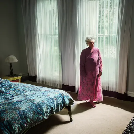 Image similar to older woman inside her bedroom, dramatic colored lighting, mysterious ambiance : : gregory crewdson photo style : : nikon d 8 1 0, ƒ / 2. 5, focal length : 8 5. 0 mm, exposure time : 1 / 8 0 0, iso : 2 0 0