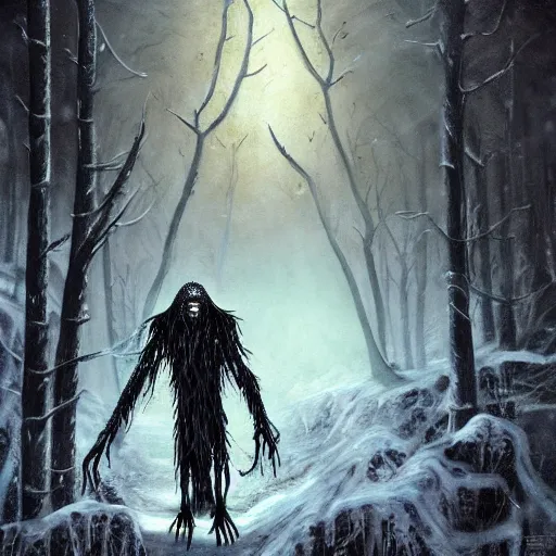Image similar to cloaked humanoid wendigo feasting, nighttime located in a snowy dark forest, lurking horror, dungeons and dragons, magic the gathering, forboding, high detail, oil painting, style of seb mckinnon