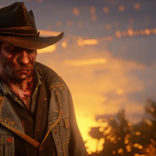 Prompt: zombie, bokeh dof, professional, dreamy, cute, 4 k, sunset, award winning, disgusting, funny, red dead redemption 2