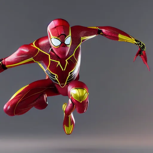 Image similar to still photo of iron spider, highly detailed, photorealistic portrait, bright studio setting, studio lighting, crisp quality and light reflections, unreal engine 5 quality render