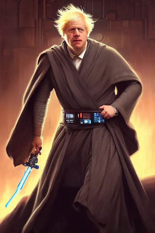 Prompt: Boris Johnson as Jedi, realistic portrait, symmetrical, highly detailed, digital painting, artstation, concept art, smooth, sharp focus, illustration, cinematic lighting, art by artgerm and greg rutkowski and alphonse mucha