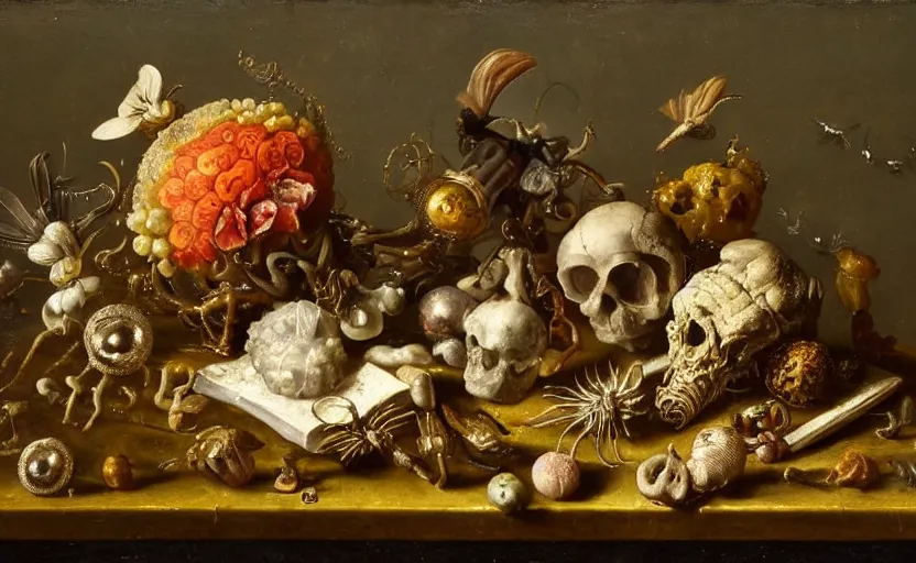 Image similar to distuebing dutch golden age vanitas still life with bizarre objects strange gooey surfaces siny metal bizarre insects rachel ruysch very detaild perfect composition rule of thirds