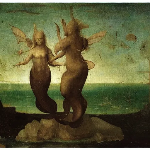 Prompt: Two mermaids fist-bumping in victory, their fistbump backlit by crepuscular rays. Google gigapixel scan of highly detailed oil painting by Hieronymus Bosch