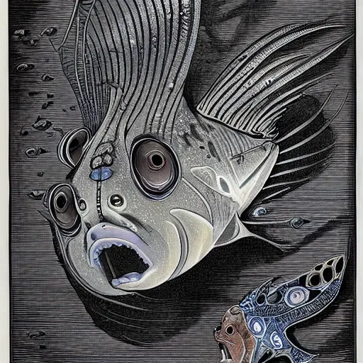 Image similar to a single fantasy deep sea fish that is heavily armored with osteoderms, it has disproportionately huge wide spined pectoral fins, on its head 6 large black eyes, and it's skin and fins have complex markings, it is swimming in a purple deep landscape with jagged rocks by alphonse mucha and brian froud