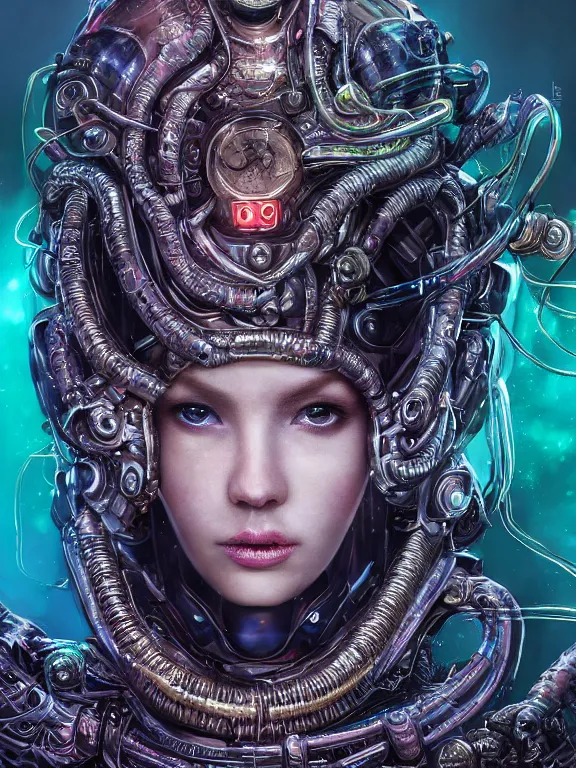 Prompt: portrait art of 8k ultra realistic retro futuristic Medusa , galaxy reflected helmet , detailed intricate ornate armour,eldritch horror,blade runner, cybernetic, full of colour, cinematic lighting, battered, trending on artstation, 4k, hyperrealistic, focused, extreme details,unreal engine 5, cinematic, masterpiece, art by ayami kojima, giger