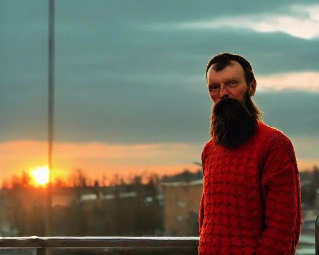 Image similar to award - winning lomographic tarkovsky film still of 4 0 years russian man with beard and sweater standing on small hrushevka 9 th floor balcony in taiga looking at sunset, cinestill, bokeh