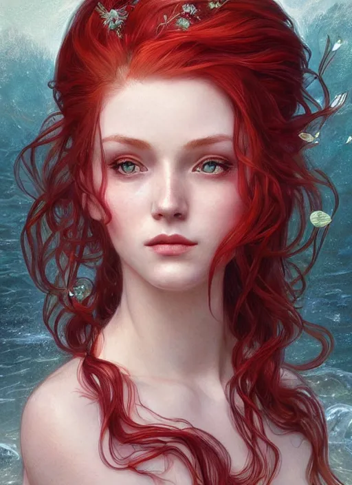 Image similar to beautiful head and shoulders portrait of a fairy mermaid with red hair, casual clothing, intricate, elegant, highly detailed, digital painting, beautiful highly detailed face, artstation, concept art, smooth, sharp, focus, illustration, art by artgerm and greg rutkowski and alphonse mucha