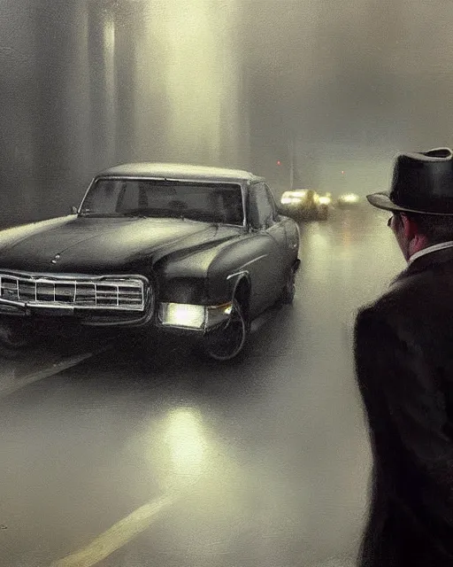 Image similar to Hyper realistic oil painting of a noir detective in his car, hyper detailed, gloomy, moody lighting, by greg rutkowski, trending on artstation