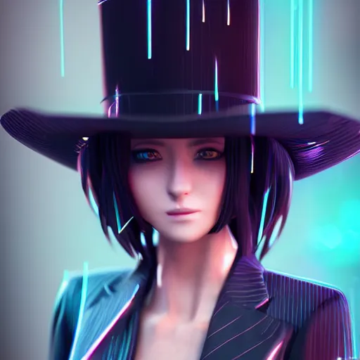 Prompt: stylish anime woman made out of rain, pinstripe suit, top hat, cyberpunk background, rendered in octane, unreal engine, raining, highly detailed, trending on artstation, realistic, neon, beautiful