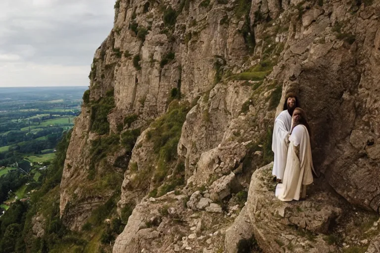 Prompt: an extreme close - up photo of jesus and mary magdalene standing on a cliff looking over a beautiful landscape in france, rennes - le - chateau, award winning photo, very detailed, very realistic cinematic