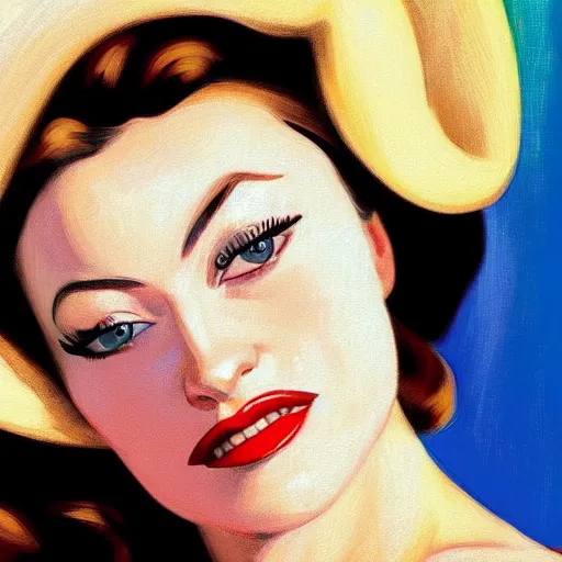 Prompt: A beautiful close-up of a brunette woman who looks like Olivia Wilde and Madonna, dressed like in the 1940s, digital art by Edward Hopper, vibrant color scheme, highly detailed, in the style of romanticism, fine Art, high detail, great lighting, 8k resolution, masterpiece, concept art, illustration, clear eyes, soft lighting, soft details, painting oil on canvas, octane render, HDR, trending on artstation, 4k, 8k, HD