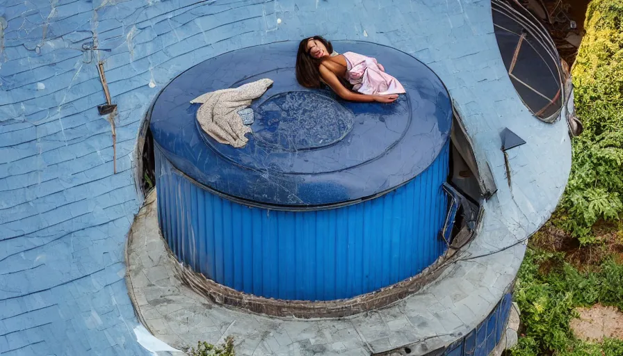 Image similar to on the roof of a house, a beautiful young woman floats in the water tank. the overall color is blue, with a dreamy feeling.