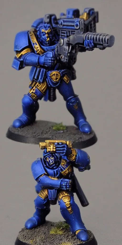 Image similar to An ultramarine who shoots a bolter at a House demon, in the background there are many other ultramarines who also open fire on demons, a very beautiful style, a style in the form of games workshop, Very detailed picture,-W 1024