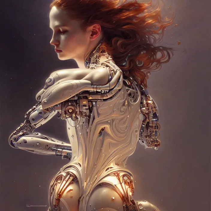 Prompt: liquid cyborg, diffuse lighting, fantasy, intricate, elegant, highly detailed, lifelike, photorealistic, digital painting, artstation, illustration, concept art, smooth, sharp focus, art by john collier and albert aublet and krenz cushart and artem demura and alphonse mucha