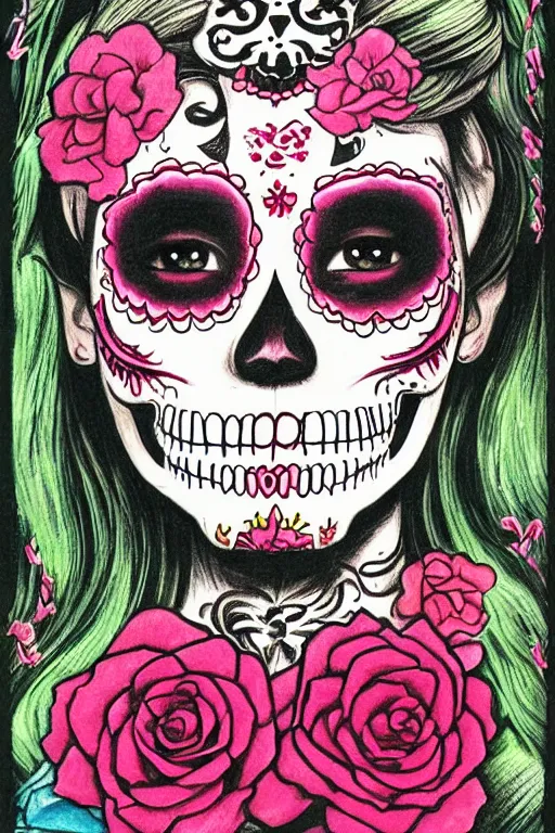 Prompt: Illustration of a sugar skull day of the dead girl, art by tsuguharu fujita