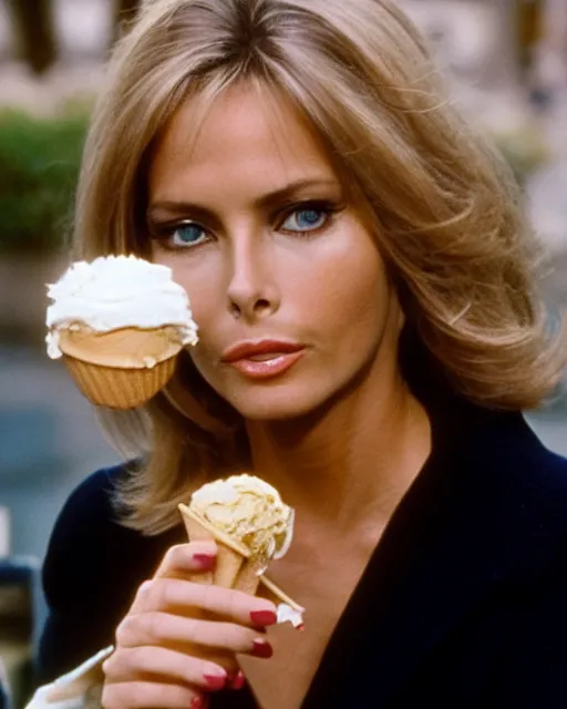 Prompt: portrait of a blonde barbara bach from the bond film eating ice creams in porto