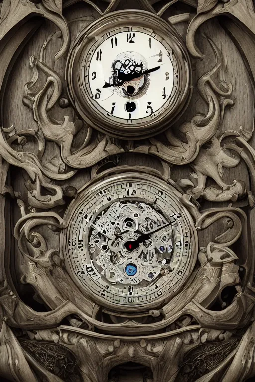 Image similar to a anthropomorphic clock, face of clock, silk hat, full body, concept art, gothic, intricate, ornate, ultra realistic, octane render