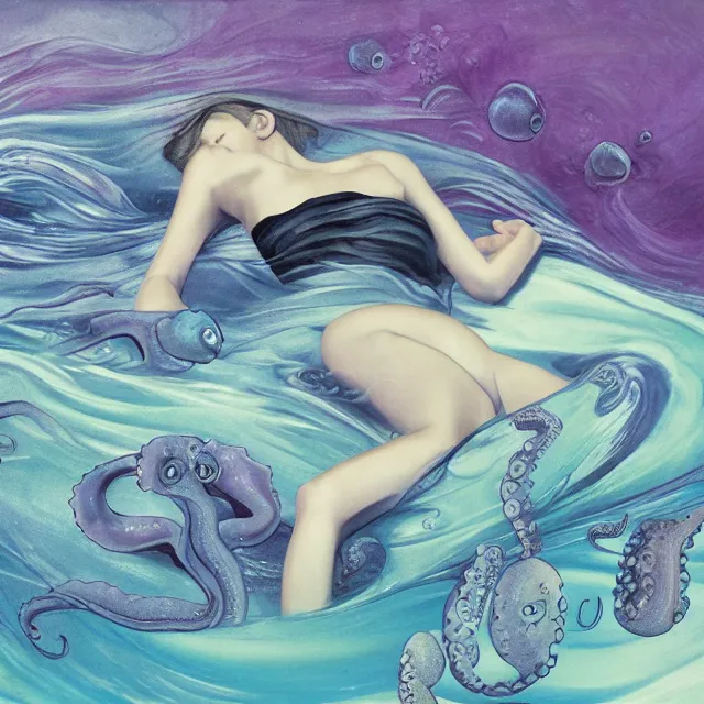 Image similar to a female art student falling asleep, iceberg, dark, sensual, dreamy, waves, swirls, violet drips, fish, blueberries, octopus, neo - impressionist, surrealism