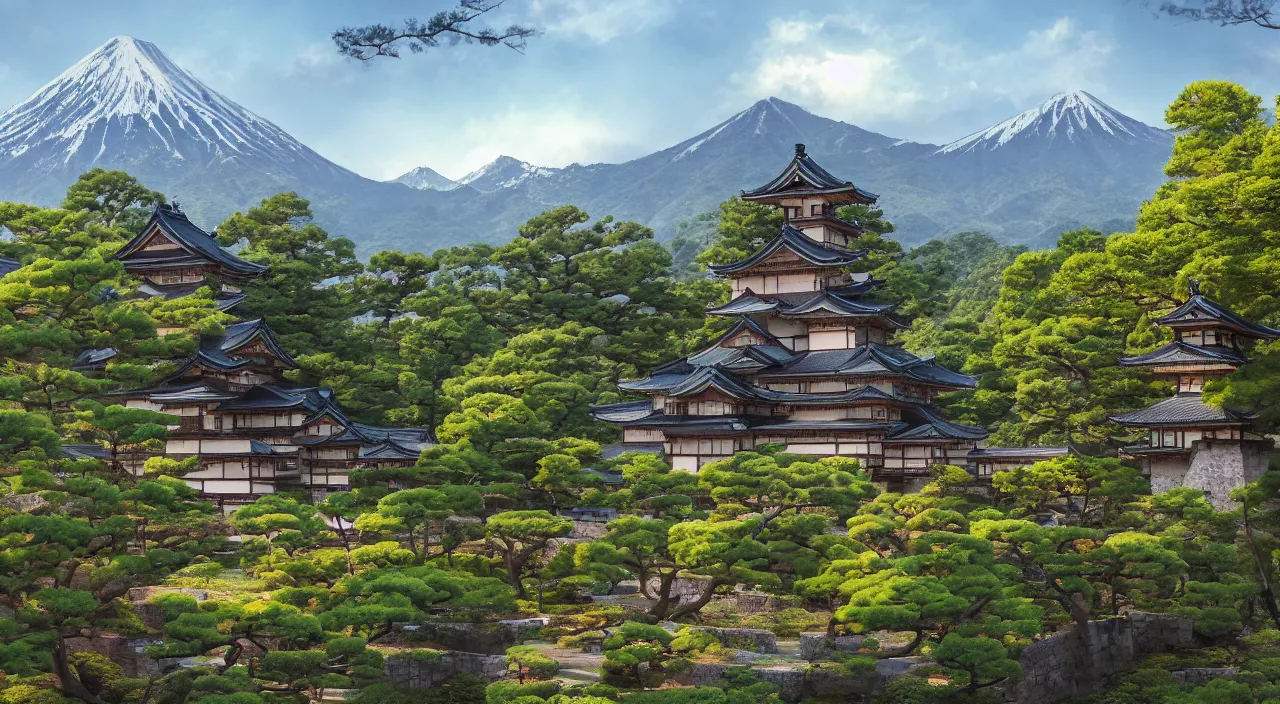 Image similar to a Japanese castle, with a garden as foreground, with mountains as background, trending on artstation