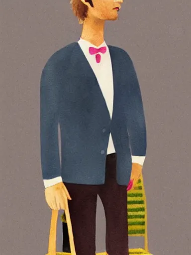 Image similar to water color painting, artwork by wes anderson, of a solo individual portrait of a guy waiting for his date to come, dapper, simple illustration, nostalgic, very realistic, full of details, trending on artstation