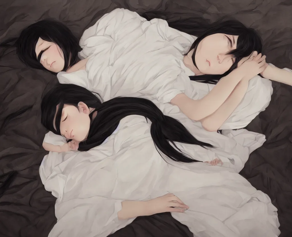 Image similar to room with an little girl with an long black hair dressed in a simple white dress sleeping, anime art style, digital art ilya kuvshinov, inspired by balthus, hd, 4 k, hyper detailed, dark, anatomically correct, angelic face