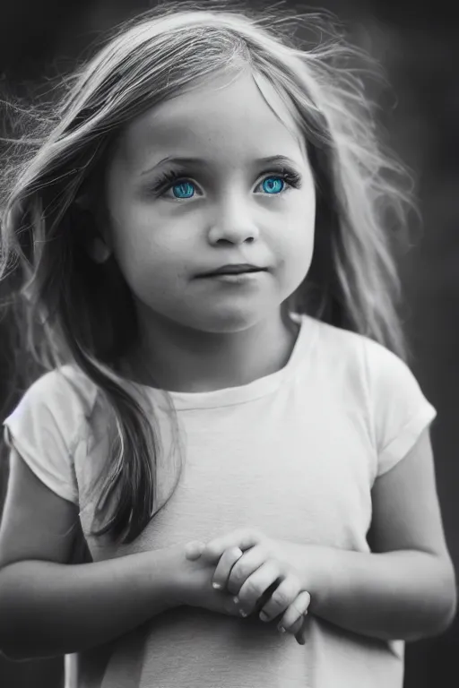 Prompt: canon, 30mm, bokeh, photograph of a little girl with blue eyes