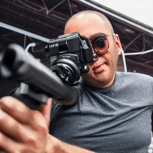 Image similar to Willis is pointing gun at the camera, ultra low angle, wide lens, cinematic shot