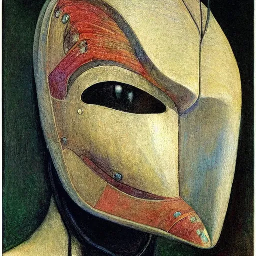 Image similar to the robot in her moth mask, by Annie Swynnerton and Diego Rivera, in profile, symbolist, dramatic lighting, elaborate geometric ornament, Art Brut ,god rays, soft cool colors,smooth, sharp focus, extremely detailed, Adolf Wölfli