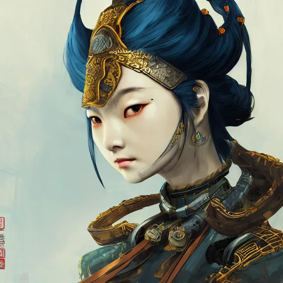 Prompt: ancient chinese princess with steampunk mask, dynasty warriors, headshot, holy, unreal engine, 8 k, blue color scheme, headshot, highly detailed, smooth, ink painting, artstation, concept art, in style of yoji shinkawa, pan ren wei, col price, atey ghailan, by greg rutkowski, aesthetic