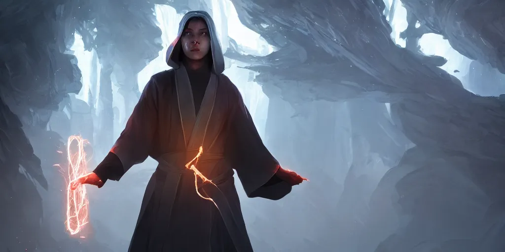 Image similar to a young male sorcerer in a flowing robe casting a spell, light rays, bloom, dramatic lighting, epic composition, unreal engine, octane render, concept art, trending on artstation, in the style of john j. park, johannes helgeson, maciej kuciara, dan luvisi and cedric peyravernay