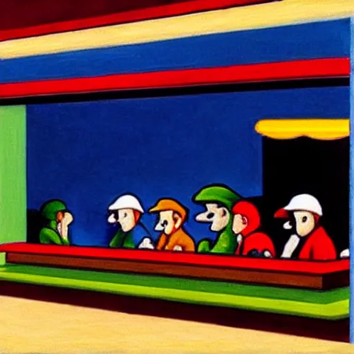 Image similar to nighthawks by hopper, but with super mario characters