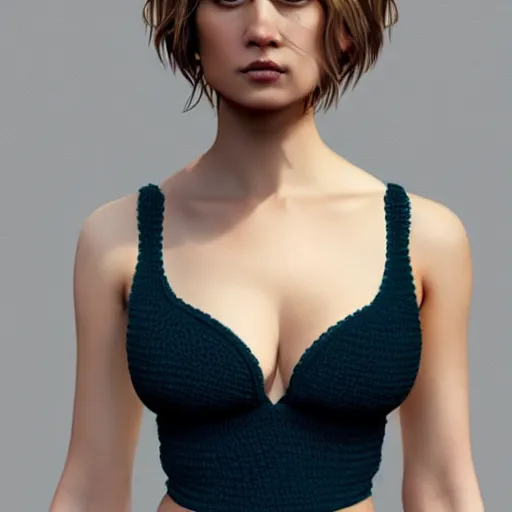 Prompt: Caucasian female model with short hair wearing a crocheted croptop, digital painting, smooth, small chest, artstation, full body realistic portrait, HD, dramatic lighting, highly detailed