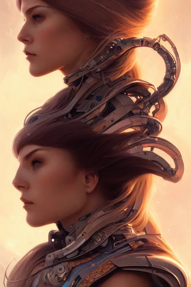 Image similar to futuristic woman portrait, sci-fi, amber eyes, face, long hair, fantasy, intricate, elegant, highly detailed, digital painting, artstation, concept art, smooth, sharp focus, illustration, art by artgerm and greg rutkowski and alphonse mucha