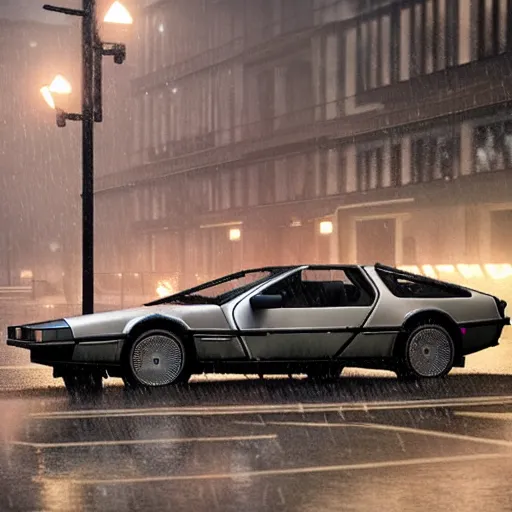 Image similar to hyperdetailed, photorealistic photograph of a dmc 1 2 delorean driving in the streets, rain, night, dense fog, hd, unreal engine 5