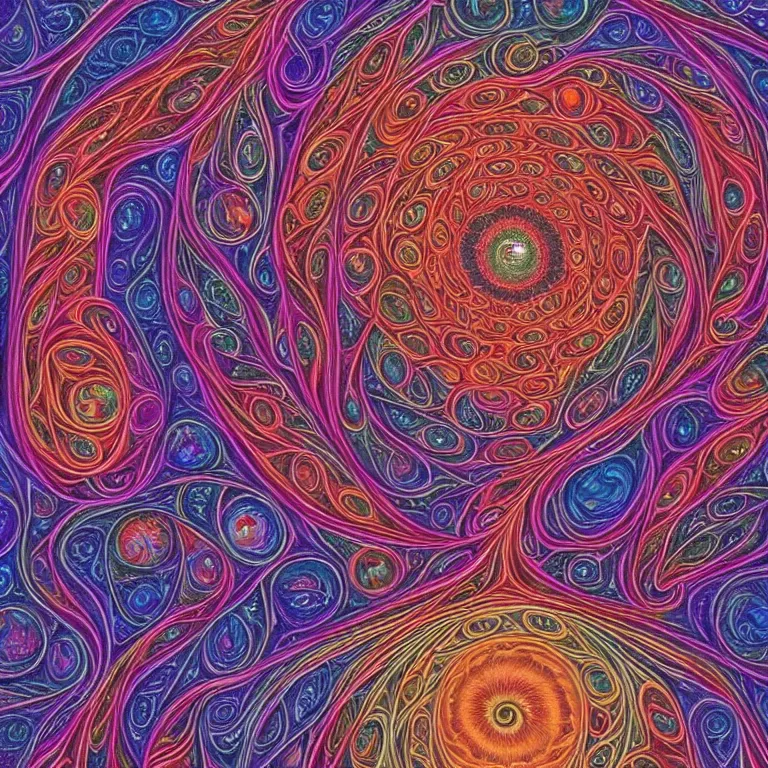 Prompt: psychedelic fractal soul on fire deep space galaxy fibonacci lateralus within award winning painting by alex grey symmetrical