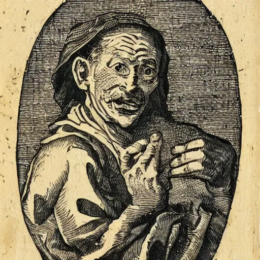 Prompt: A 17th Century beggar, with the letter B carved on his forehead, filthy, haggard, no teeth, dirty hair, woodcut, Breughel
