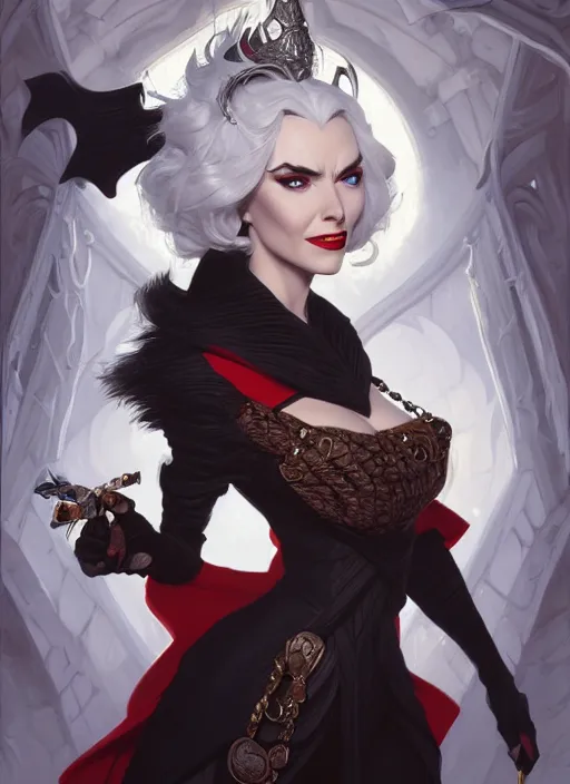 Image similar to cruella de vil, d & d, fantasy, intricate, elegant, highly detailed, digital painting, artstation, concept art, matte, sharp focus, illustration, hearthstone, art by artgerm and greg rutkowski and alphonse mucha