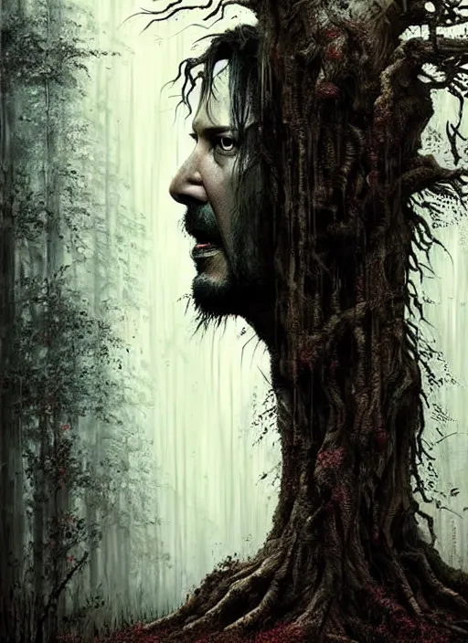 Image similar to highly detailed horror movie poster with angry creepy keanu reeves as a tree, keanu reeves faces in the bark of many trees sentient leafy catastrophe by greg rutkowski, masterpiece, really funny, 1 0 / 1 0 creepy