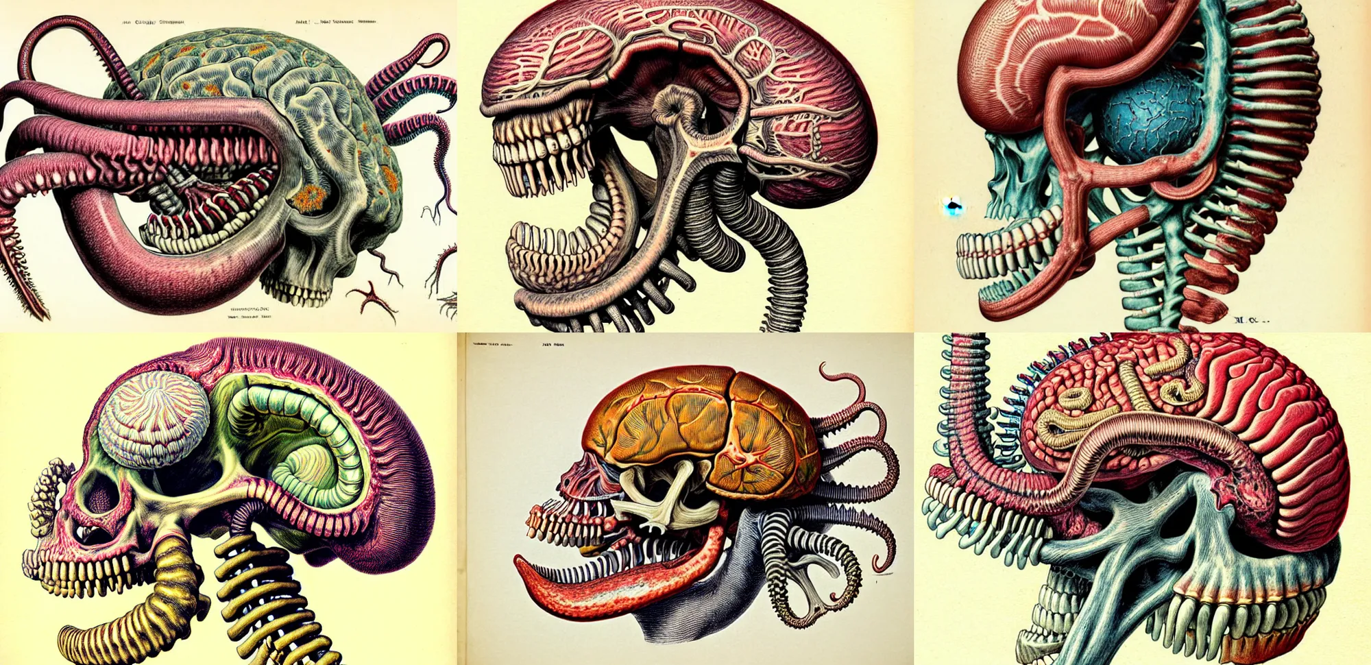 Prompt: hyper-detailed expert color pencil antique medical illustration of Kaiju head cross-section, nautilus brain, ribcage, xhenomorph, with tentacles coming out of open mouth and exposed jaw bone, spinal column, cerebral corpus callosum, vastus lateralis, cerebellar peduncle, interventricular foramen, symmetrical H 832