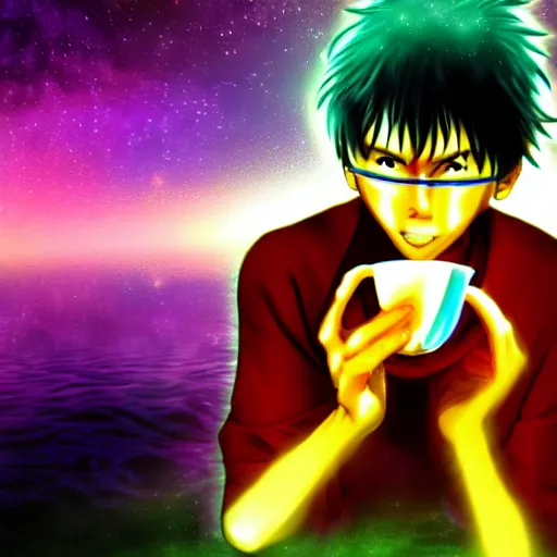 Image similar to A man drinking a cup of cosmic energy bright light by Hideaki Sorachi, 4k, digital art, surreal, anime style,