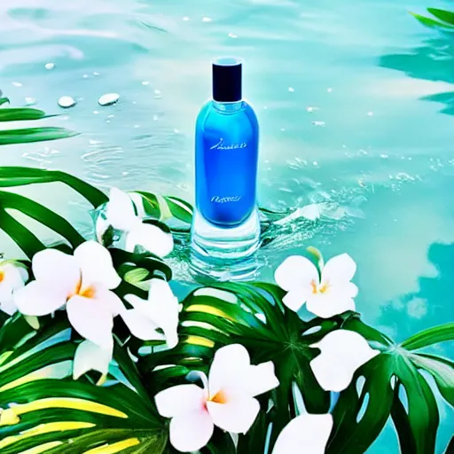 Image similar to centered bright perfume bottle standing in clear blue rippling water surrounded by a plethora of white flowers and tropical leaves and fauna upfront, with dreamy bright blue sky and clouds in the background, softly - lit, soft - warm, zen, light, modern minimalist f 2 0 clean