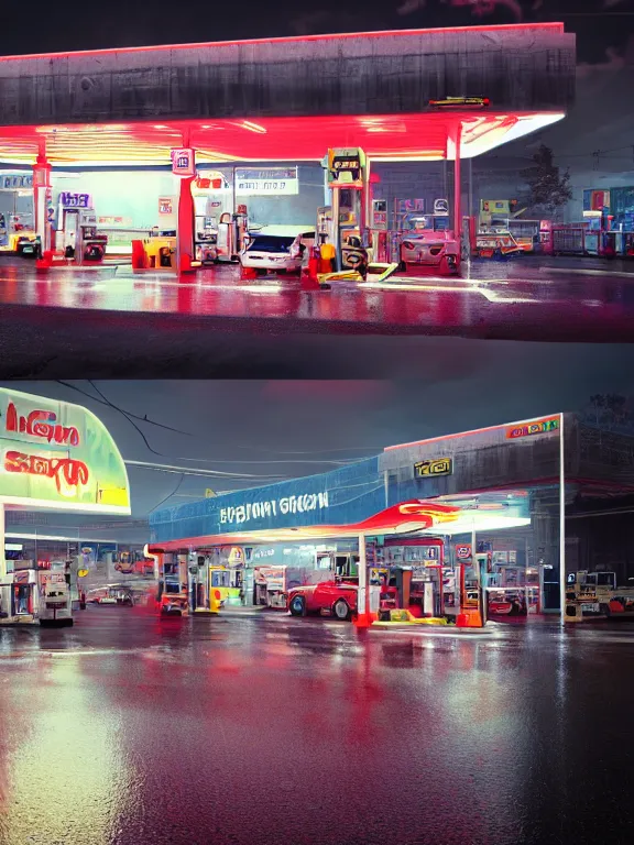 Prompt: photo of 8k ultra realistic gas station, neon, heavy rain, full of colour, cinematic lighting, battered, trending on artstation, 4k, hyperrealistic, focused, extreme details,unreal engine 5, cinematic, masterpiece, art by ayami kojima, giger