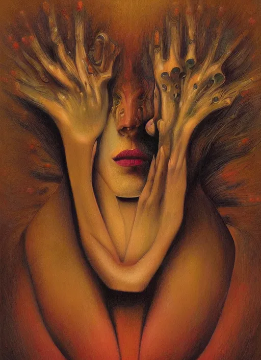 Image similar to dramatic portrait painting of woman with black mandelbrot fractal instead of face, in style of zdzisław beksinski,