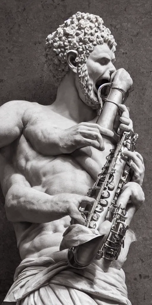 Prompt: angry saxophonist dressed as roman emperor nero carving statue of himself playing saxophone out of white marble, self portrait, highly detailed, cans of spinach dot the horizon