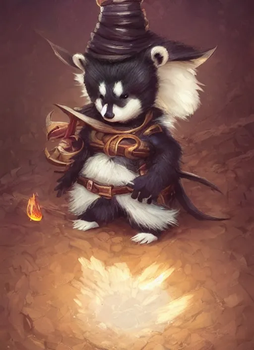 Prompt: cute little anthropomorphic skunk wizard wearing firequartz (cloak), tiny, small, miniature animal, baby animal, short, pale black armor, cute and adorable, pretty, beautiful, DnD character art portrait, matte fantasy painting, DeviantArt Artstation, by Jason Felix by Steve Argyle by Tyler Jacobson by Peter Mohrbacher, cinematic lighting