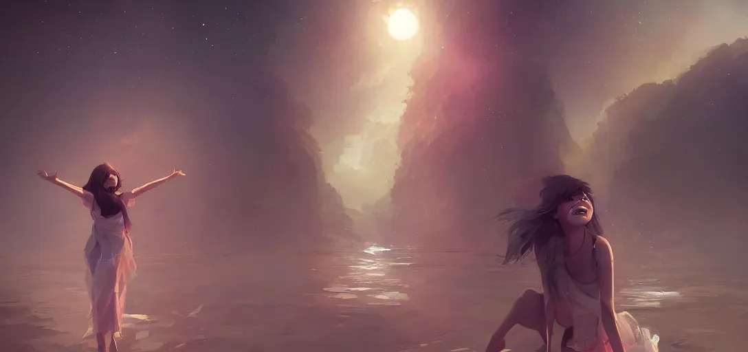 Image similar to Young Himalayan woman floating psychically amused as if discovering her powers for the first time | night time scene, plain walls |light hearted, white eyes, long messy hair | gentle lighting, futuristic, dim lighting, digital art by Makoto Shinkai ilya kuvshinov and Wojtek Fus, digital art, concept art,