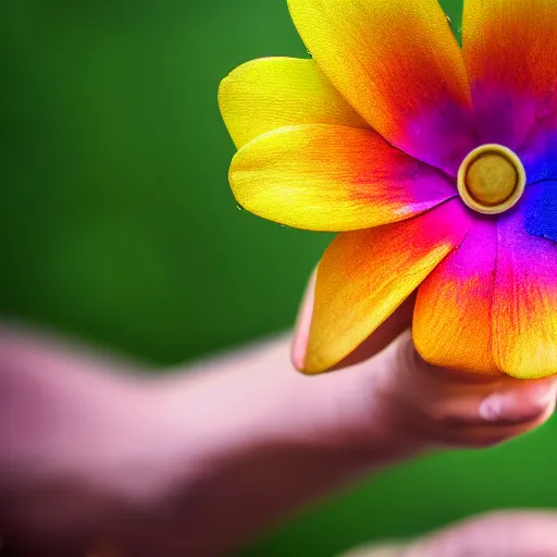 Image similar to closeup photo of rainbow - colored flower with 7 petals, held by hand, shallow depth of field, cinematic, 8 0 mm, f 1. 8