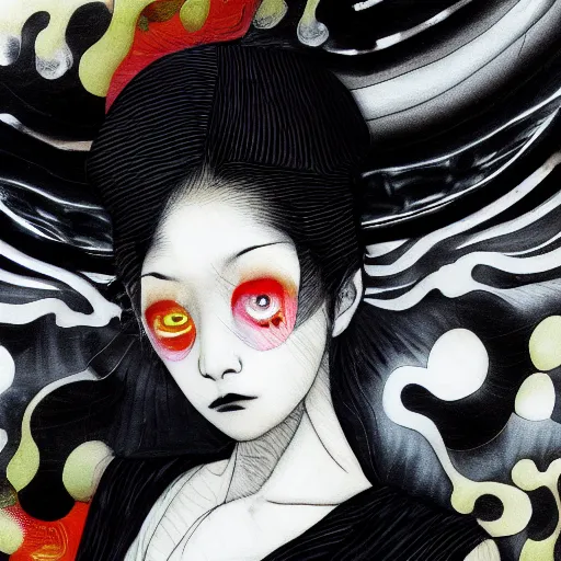 Image similar to yoshitaka amano blurred and dreamy realistic three quarter angle portrait of a young woman with black lipstick and black eyes wearing dress suit with tie, junji ito abstract patterns in the background, satoshi kon anime, noisy film grain effect, highly detailed, renaissance oil painting, weird portrait angle, blurred lost edges